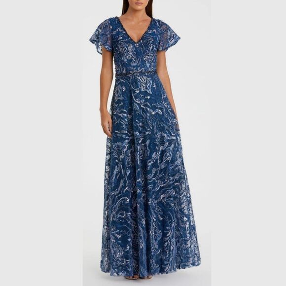 $798 Mac Duggal Size 20 Dark Navy Blue Silver Full Length A-Line Gown Maxi Dress - Picture 2 of 4